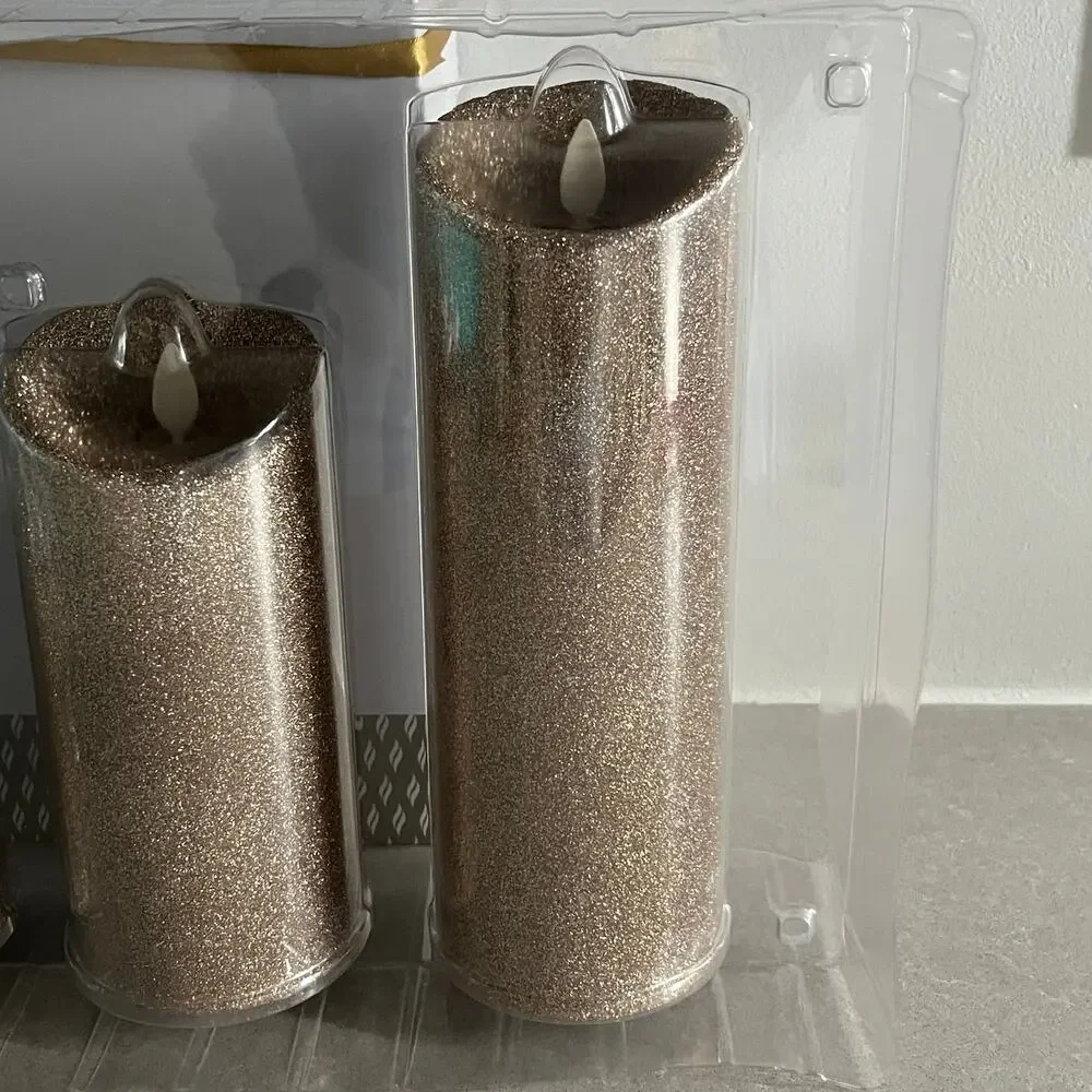 Luminara Set of 3 Champagne Glitter Pillars w/Remote NEW